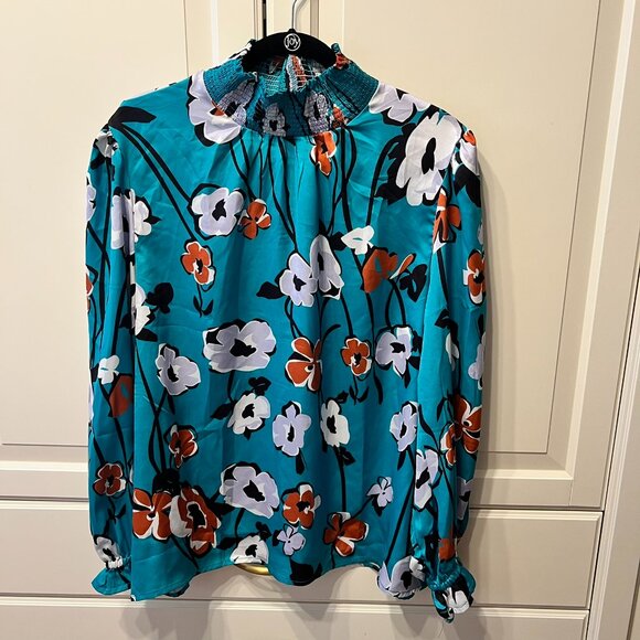 Tops - Teal Floral Print Smocked Mock Neck Blouse (Size 2X)